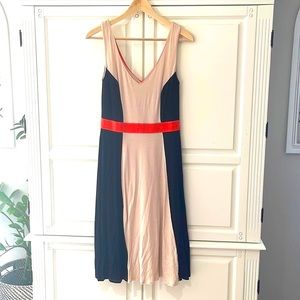 Boden color block dress with v neck line and pops of coral.